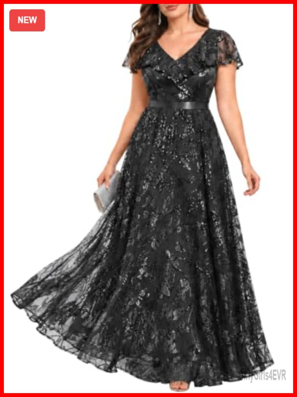 Plus Size Sequin Formal Evening Gown Flutter Sleeve Maxi Dress